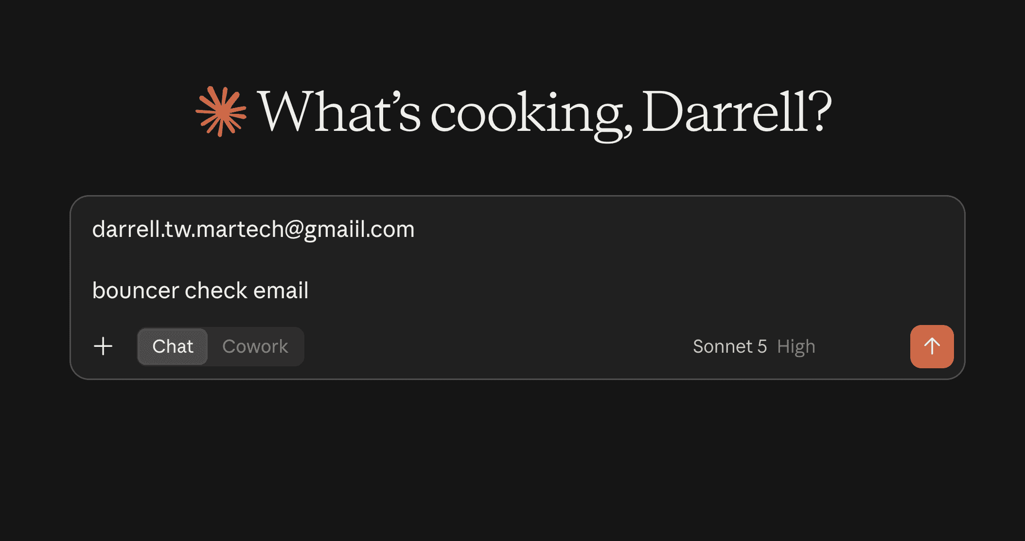 Claude 的測試畫面,輸入 darrell.tw.martech@gmail.com 並送出 bouncer check email