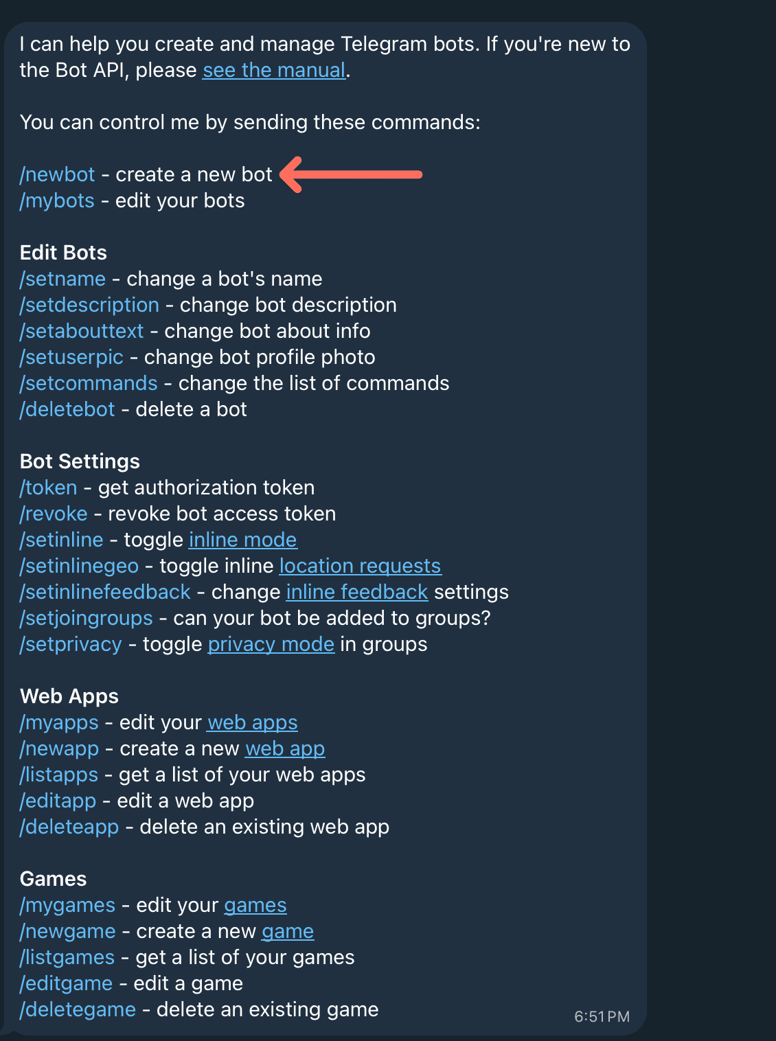 在 BotFather 輸入 /newbot 開始建立 Bot