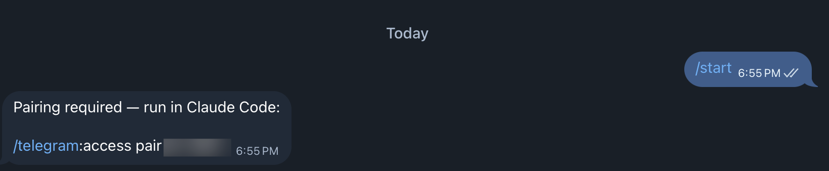 Telegram Bot 回覆配對碼，複製到 Claude Code 完成配對