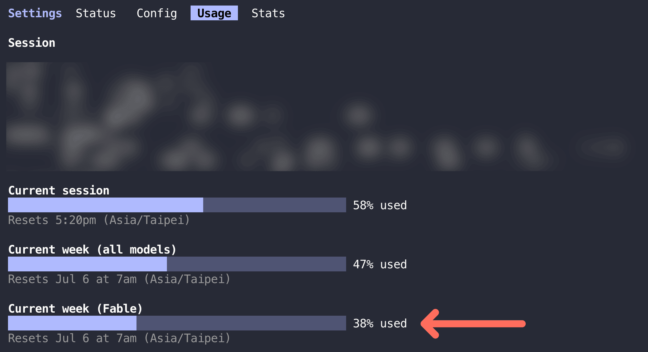 Claude Code CLI usage 畫面，Current week Fable 顯示本週已使用百分比與重置時間