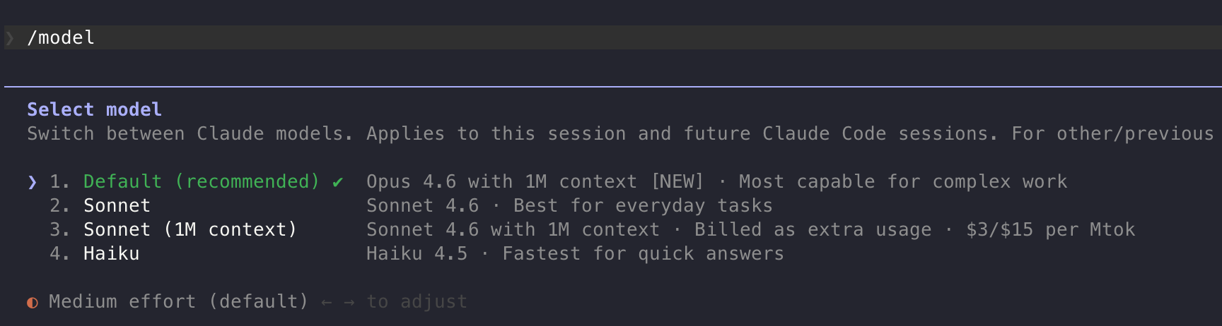 Claude Code Select Model 選單，Opus with 1M context 為預設
