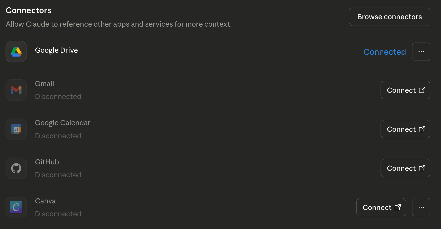 Claude Connectors 設定頁面，顯示 Google Drive、Gmail、GitHub 等官方連接器的連線狀態