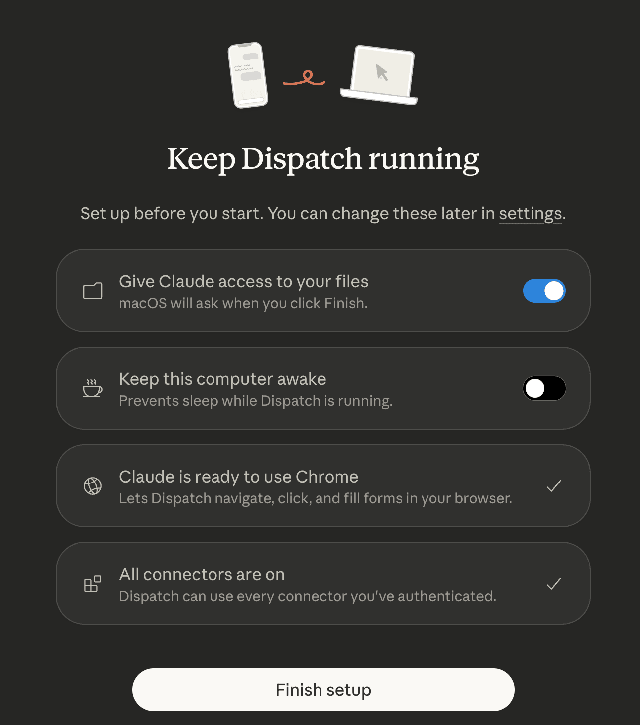 桌面 Dispatch 權限設定頁面，包含檔案存取、防睡眠、Chrome、Connectors 四個選項