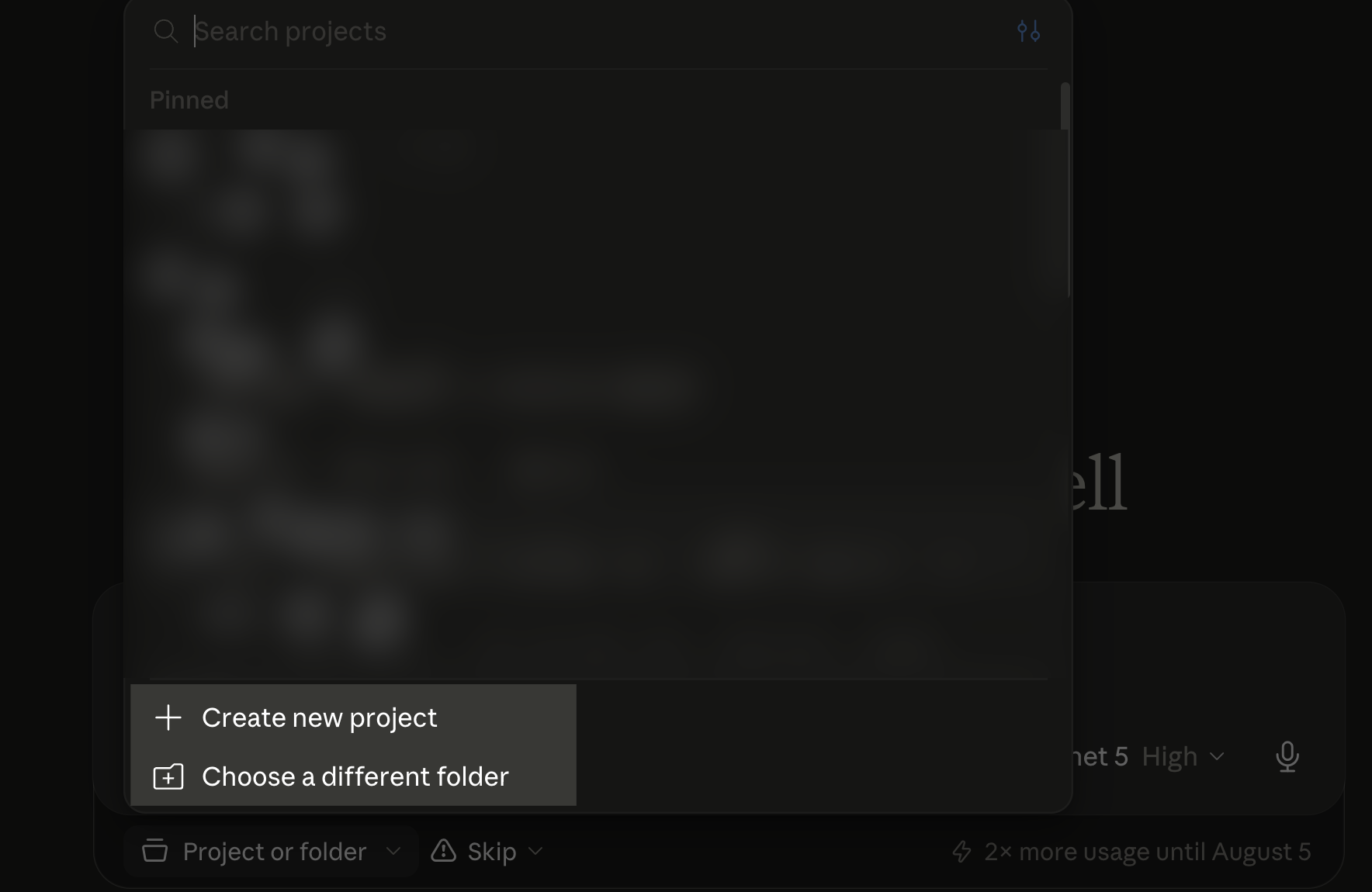 Cowork 資料夾選單最下方的兩個選項：Create new project 和 Choose a different folder