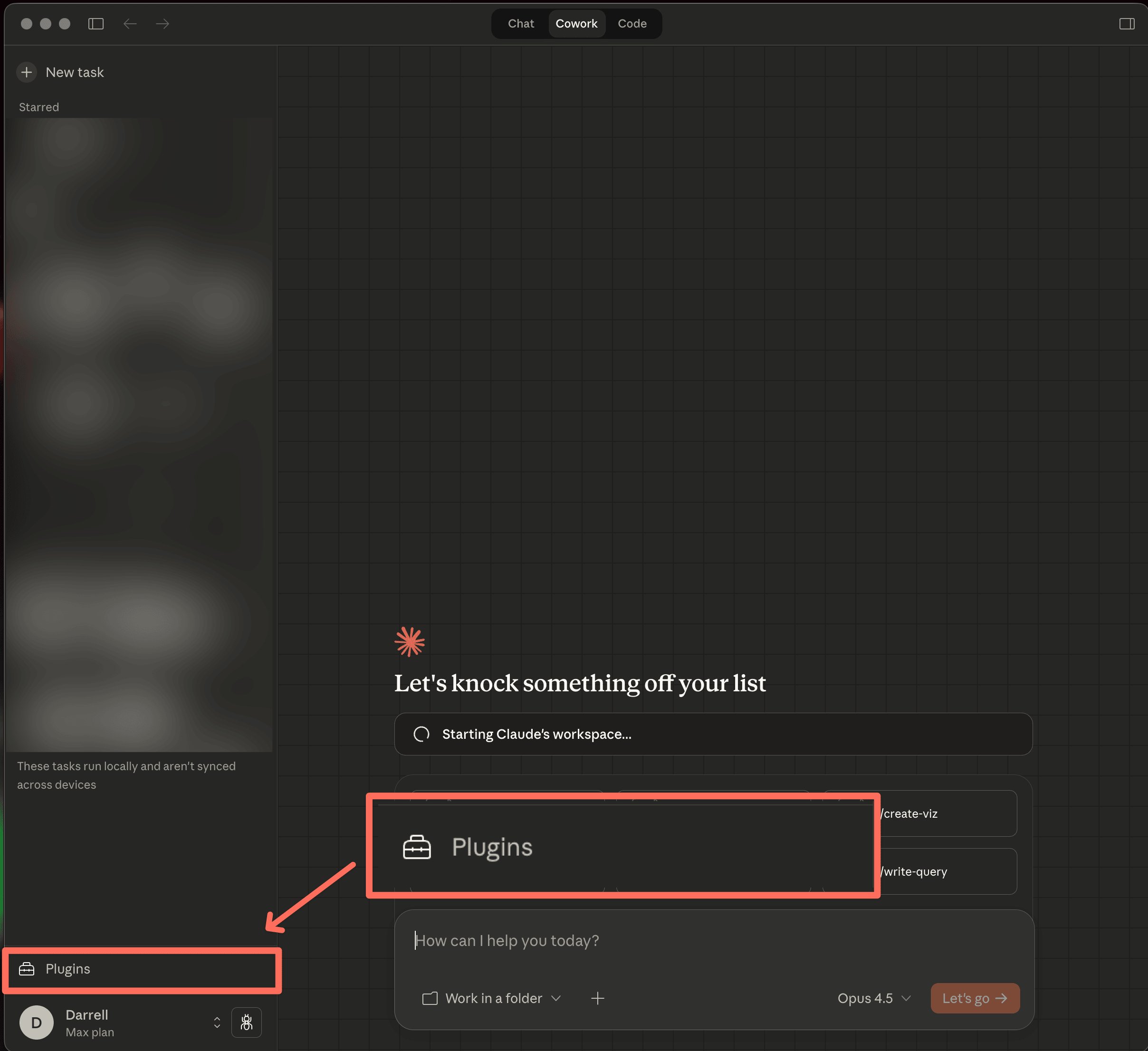 Cowork 介面左下角的 Plugins 按鈕位置