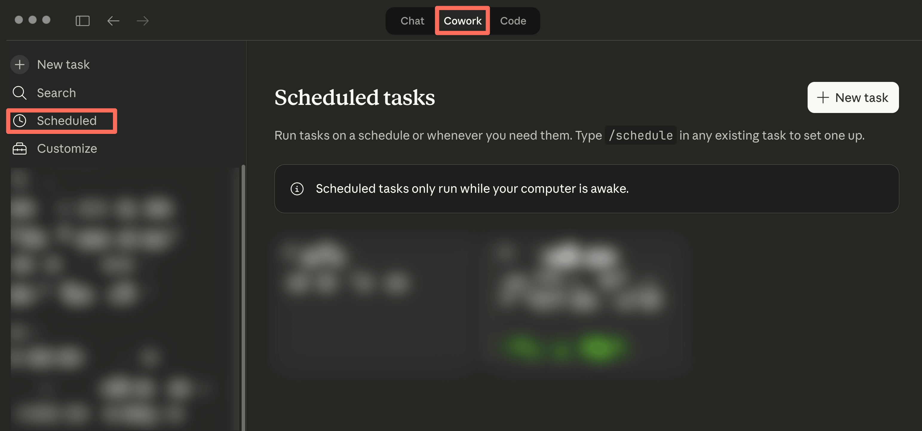 Cowork 側邊欄的 Scheduled 頁面，可以看到已建立的排程任務
