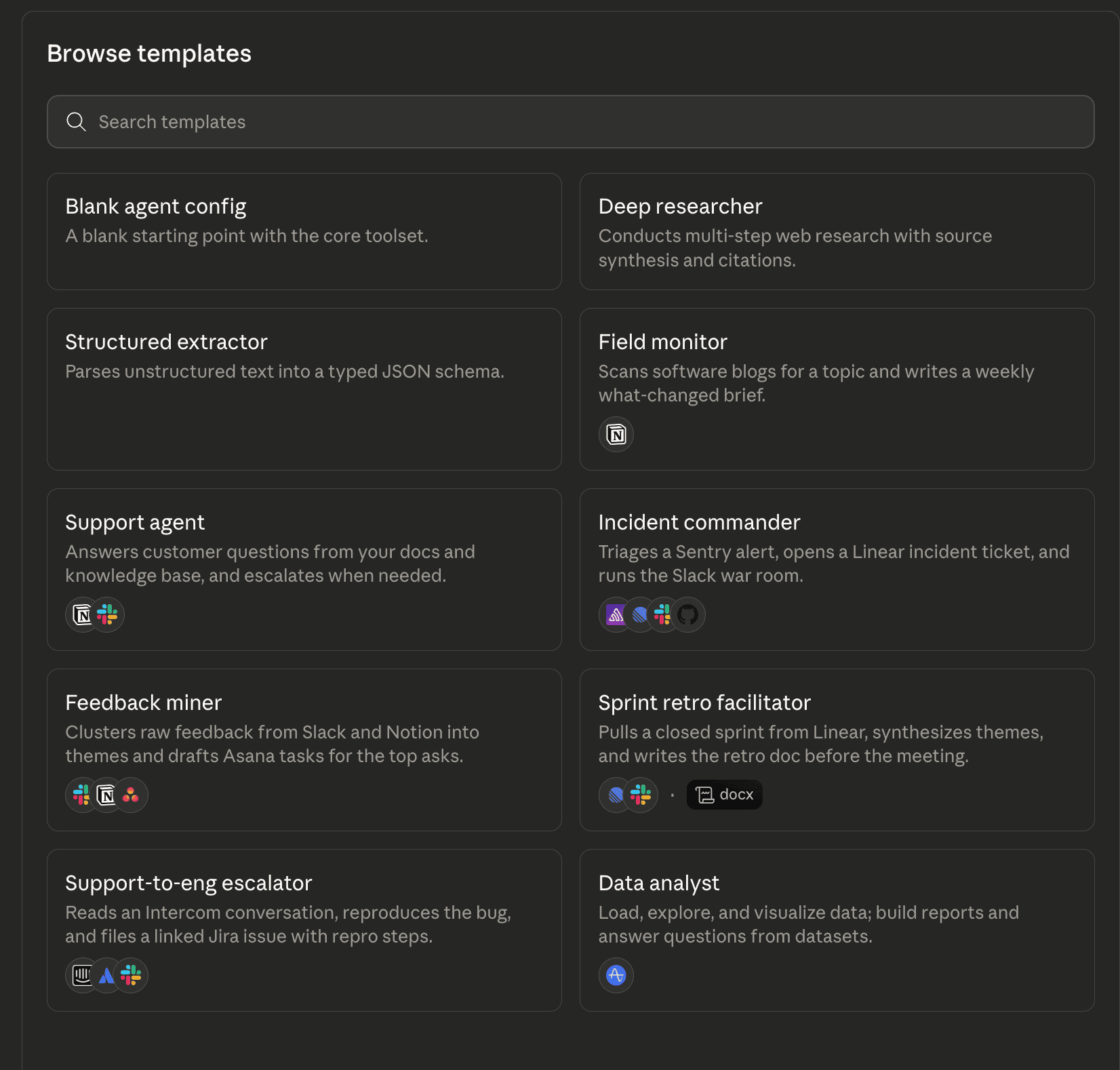 Browse templates 頁面，顯示多種預建 Agent 範本