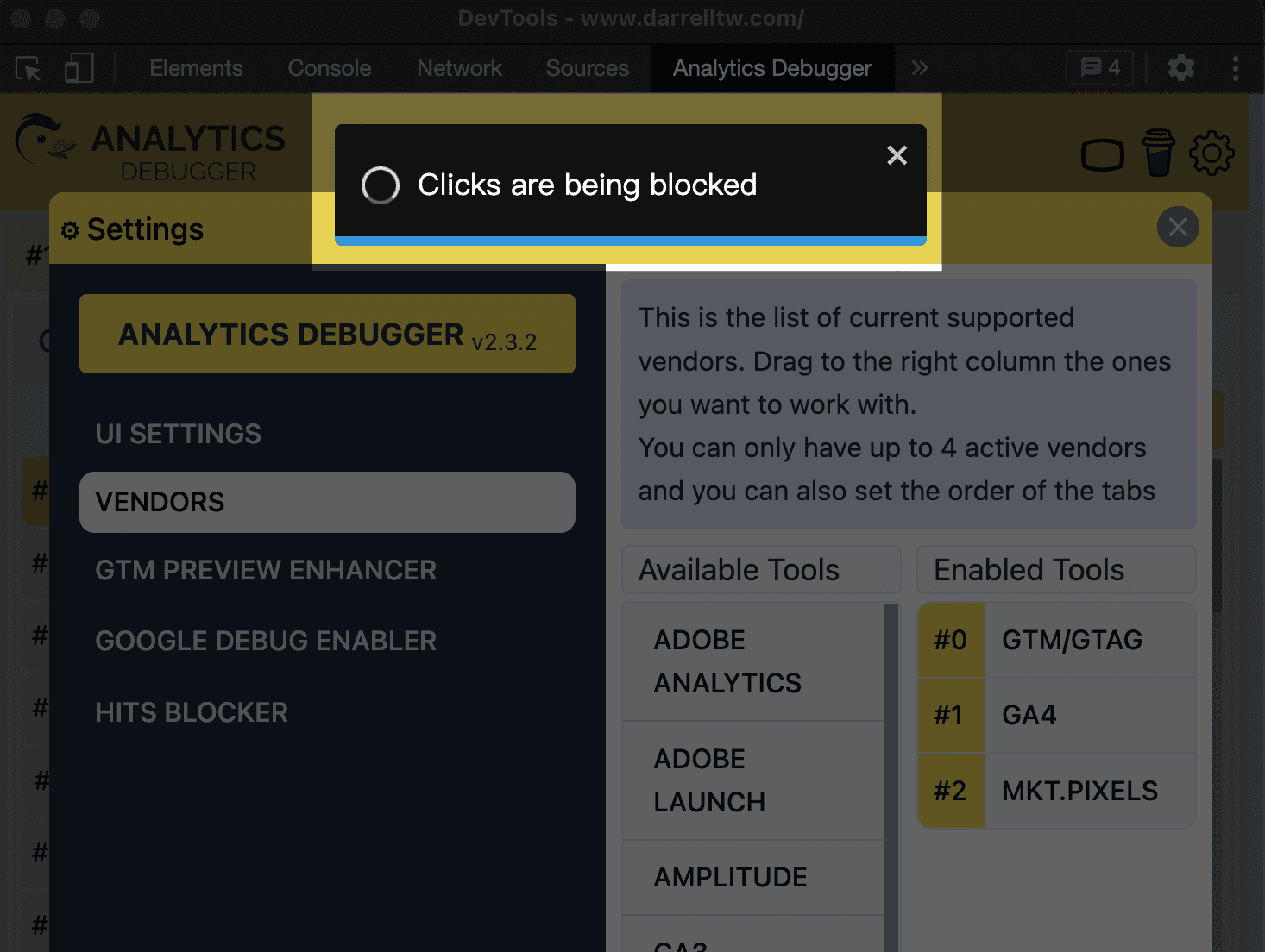 Analytics Debugger 顯示 Clicks Blocker 已啟用的畫面