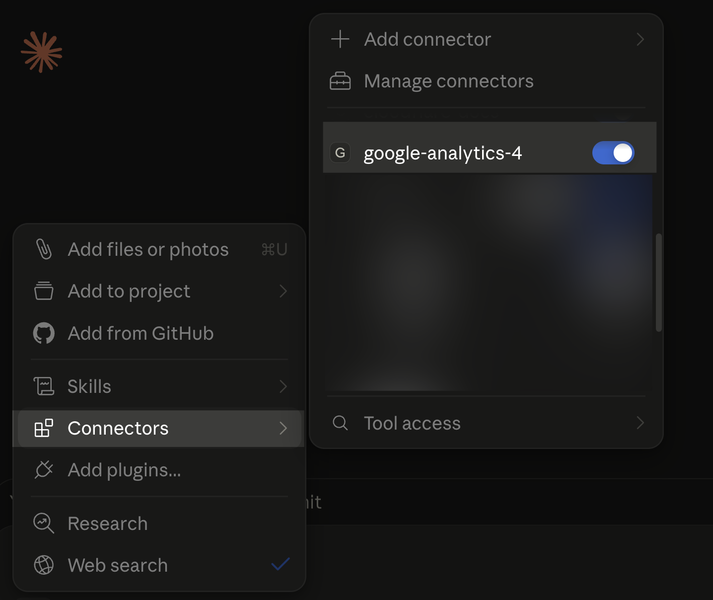 Claude Desktop 的 Connectors 選單，google-analytics-4 connector 已開啟