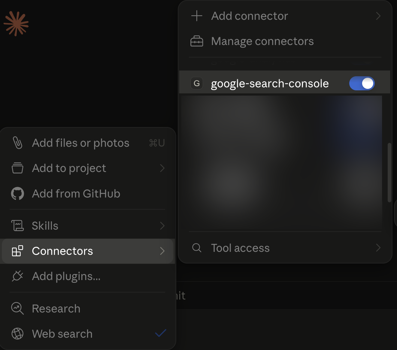 Claude Desktop 的 Connectors 選單，google-search-console connector 已開啟