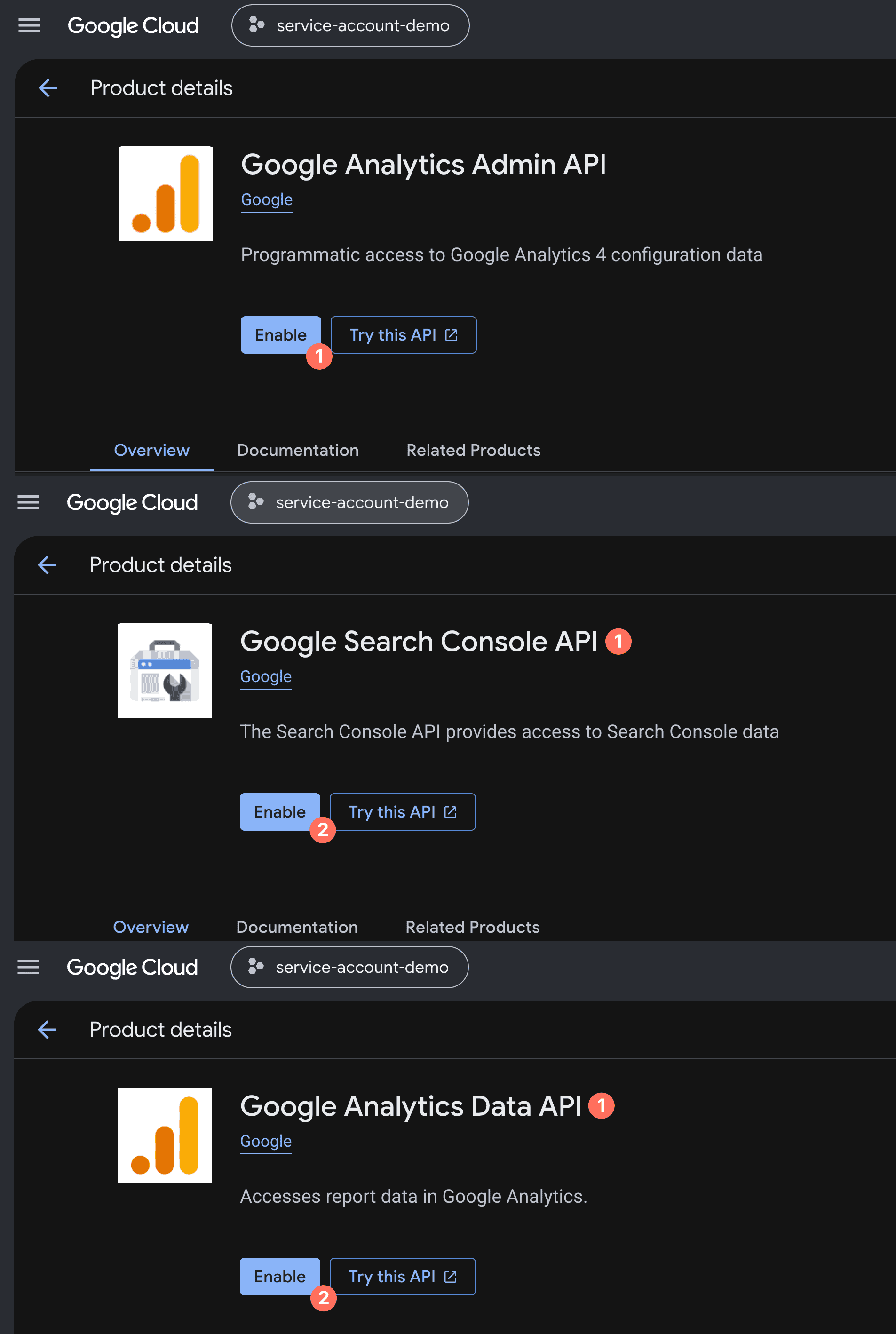 Google Cloud Console 三個 API 的產品詳細資料頁面，包含 Analytics Admin API、Google Search Console API 和 Google Analytics Data API