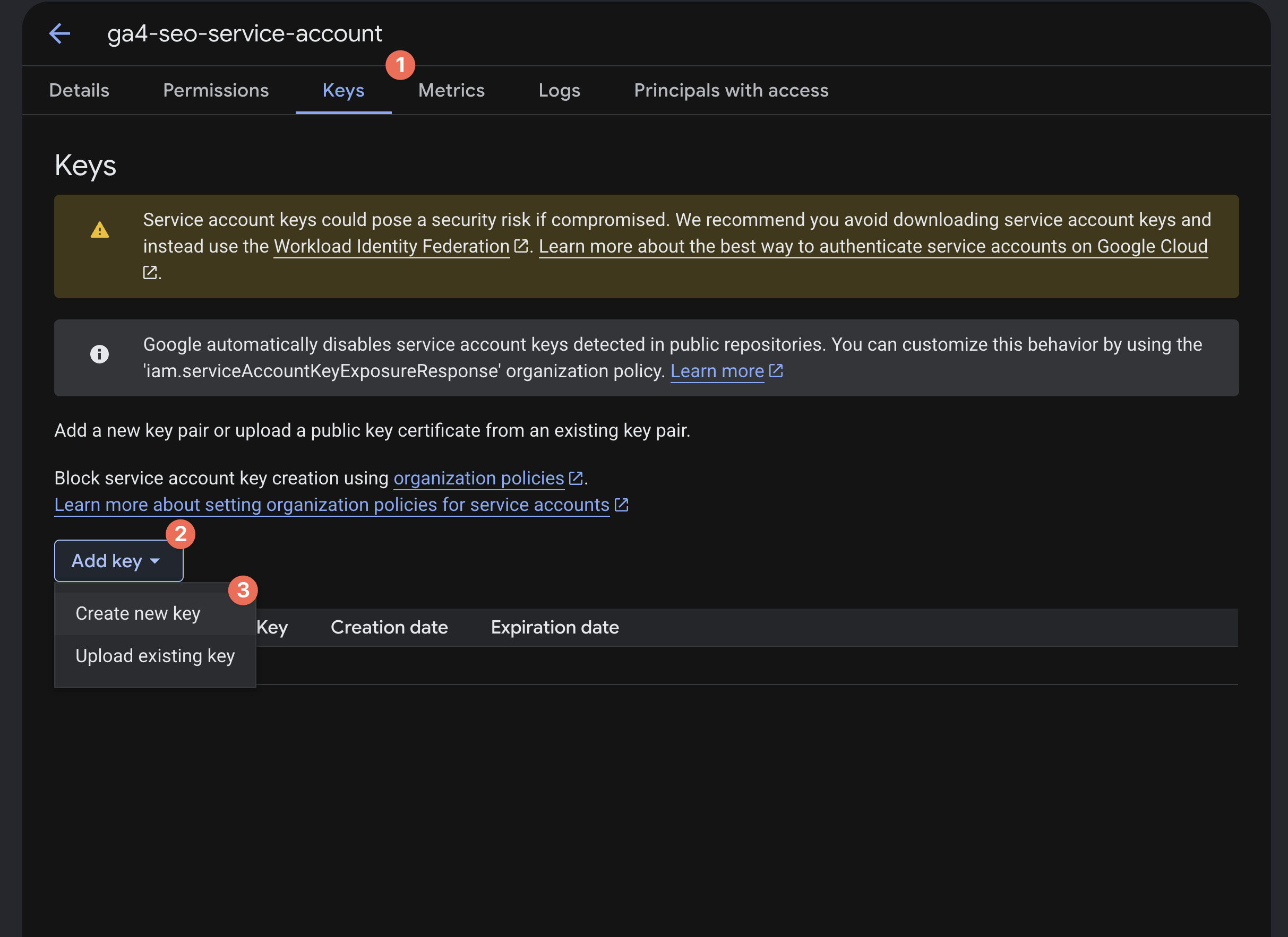 Google Cloud Console 的 Service Account Keys 頁面，展開 Add key 選單並選擇 Create new key