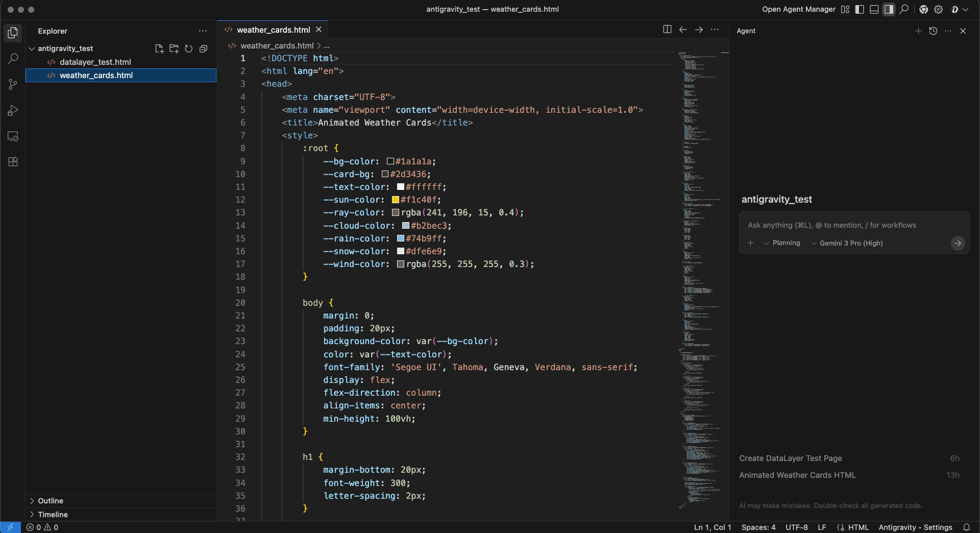 Antigravity IDE 主介面展示三欄式佈局：左側檔案總管、中間程式碼編輯器、右側 Agent 聊天面板