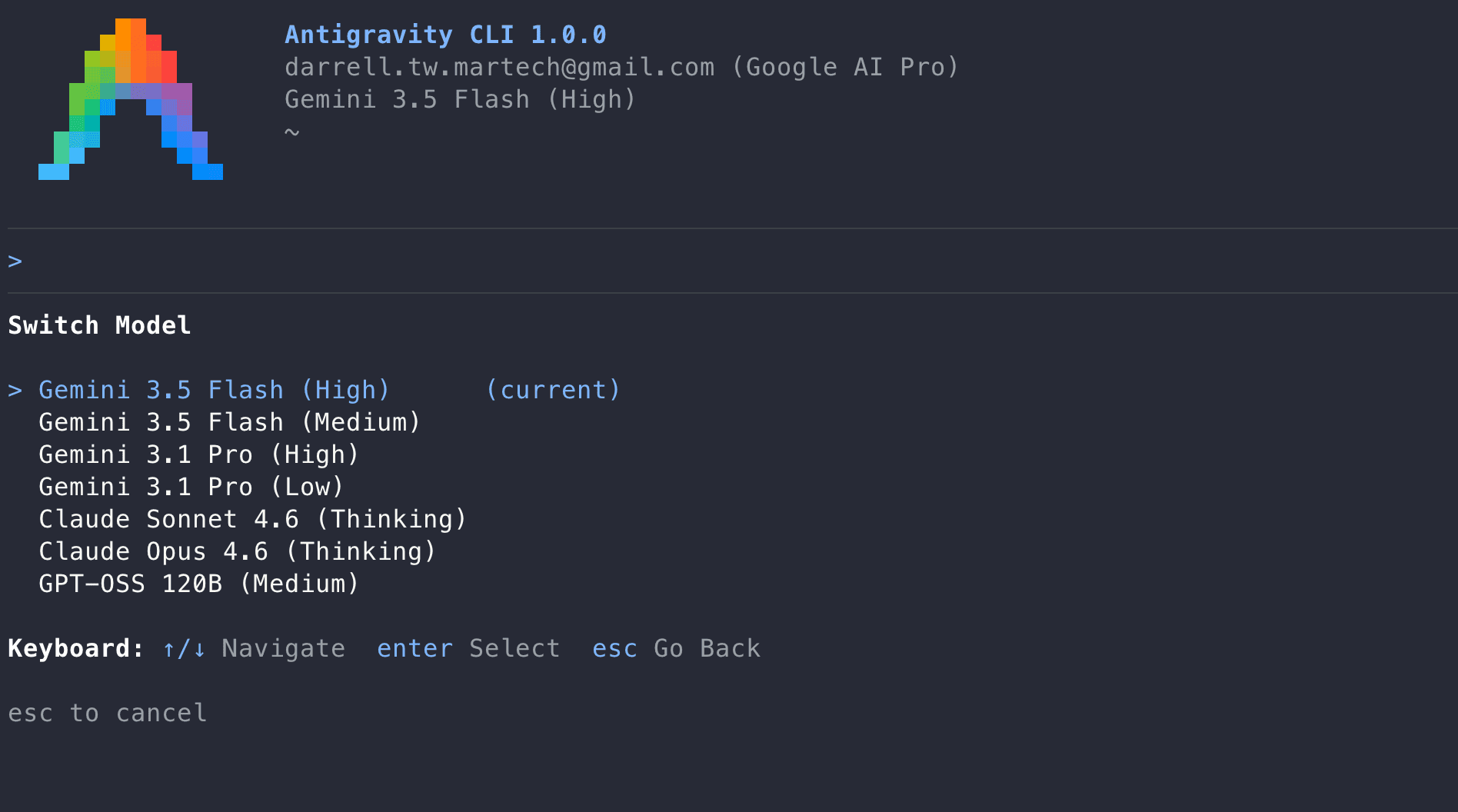 Antigravity CLI 切換模型選單：意外支援 Claude Opus 和 Claude Sonnet，不只 Gemini 系列