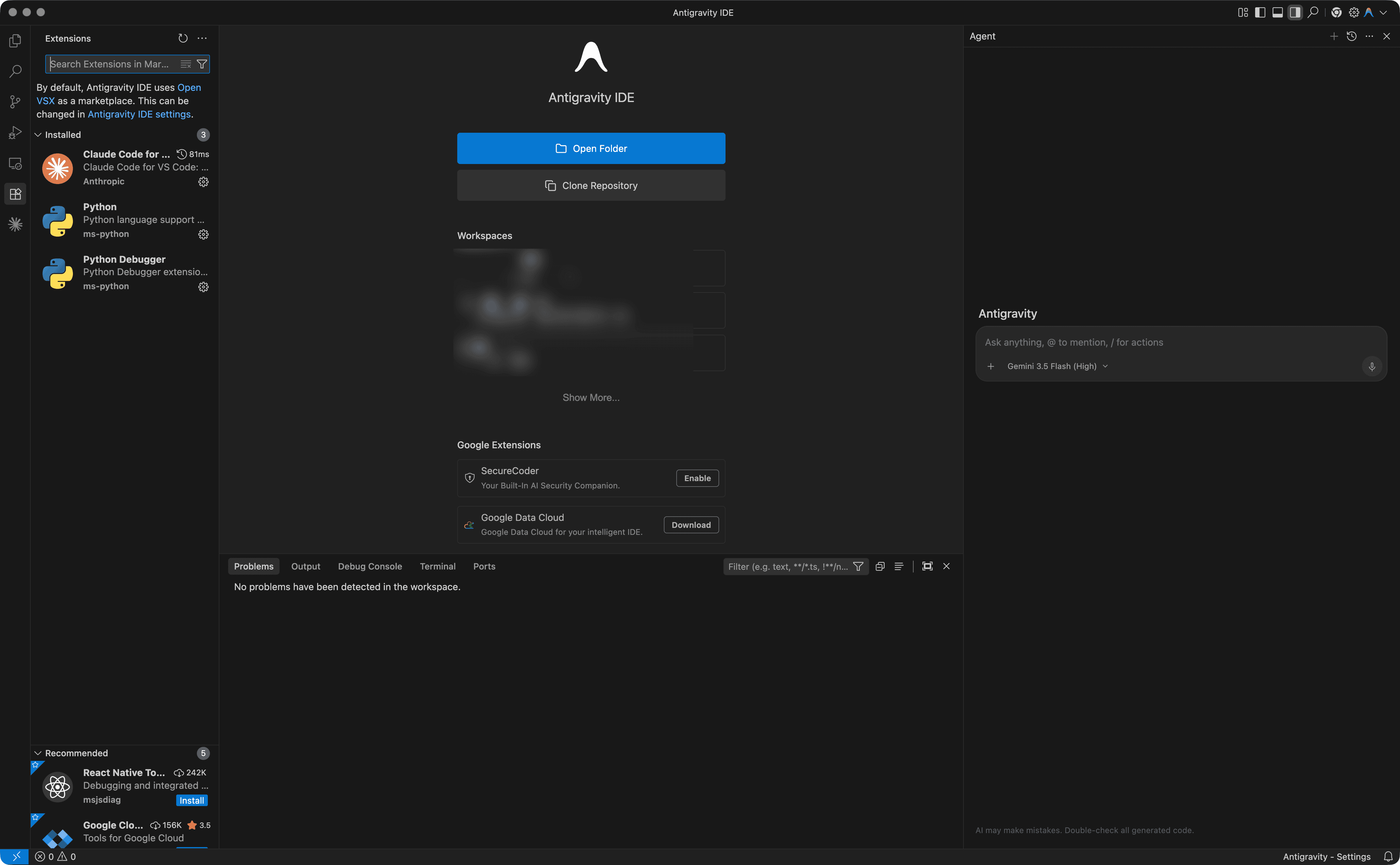 Antigravity IDE Workspace 歡迎畫面：更名後使用者需要重新下載安裝，是社群反感的主因