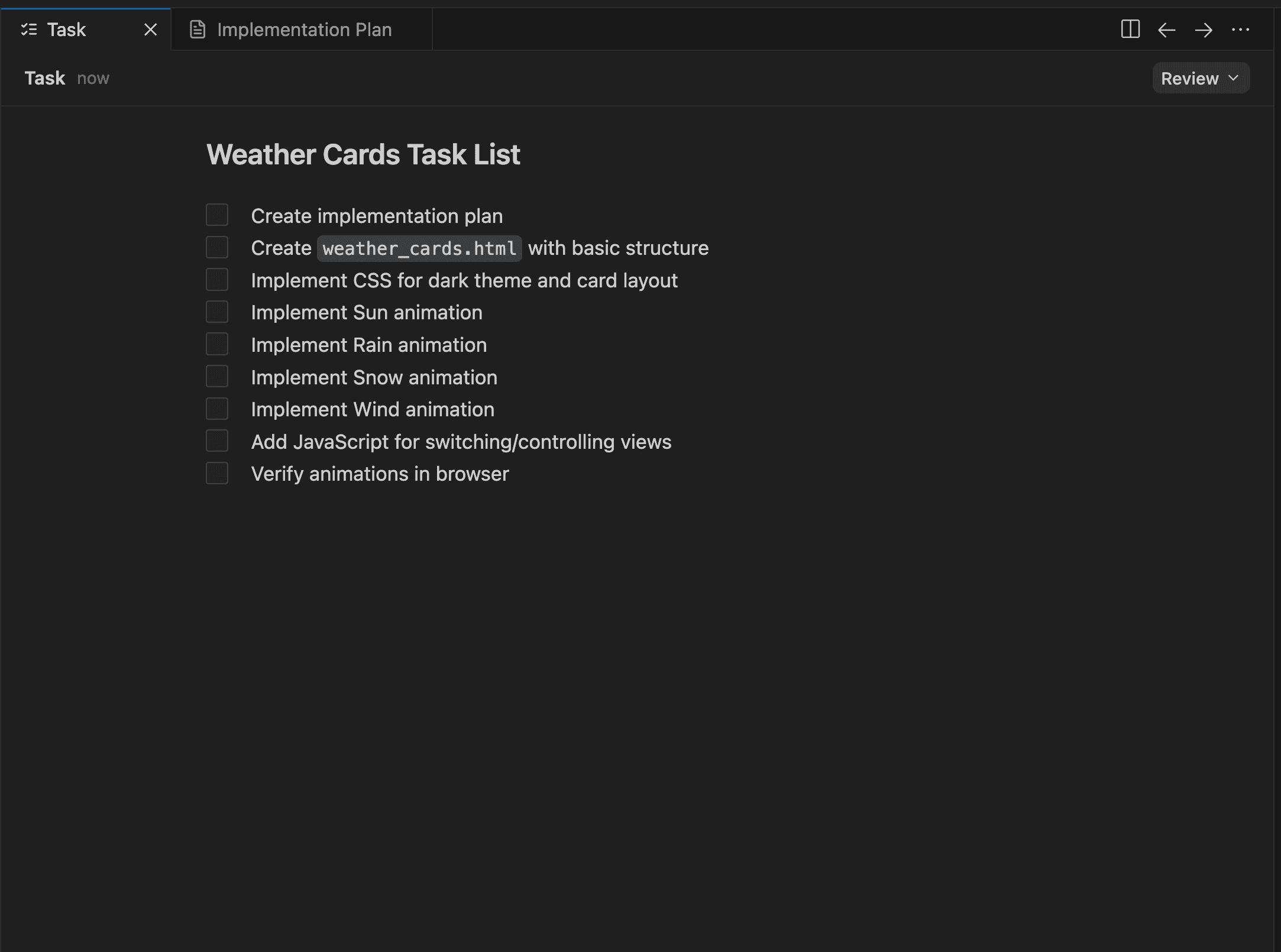 Google Antigravity 任務清單面板展開畫面，顯示完整的 Weather Cards 任務列表與執行步驟