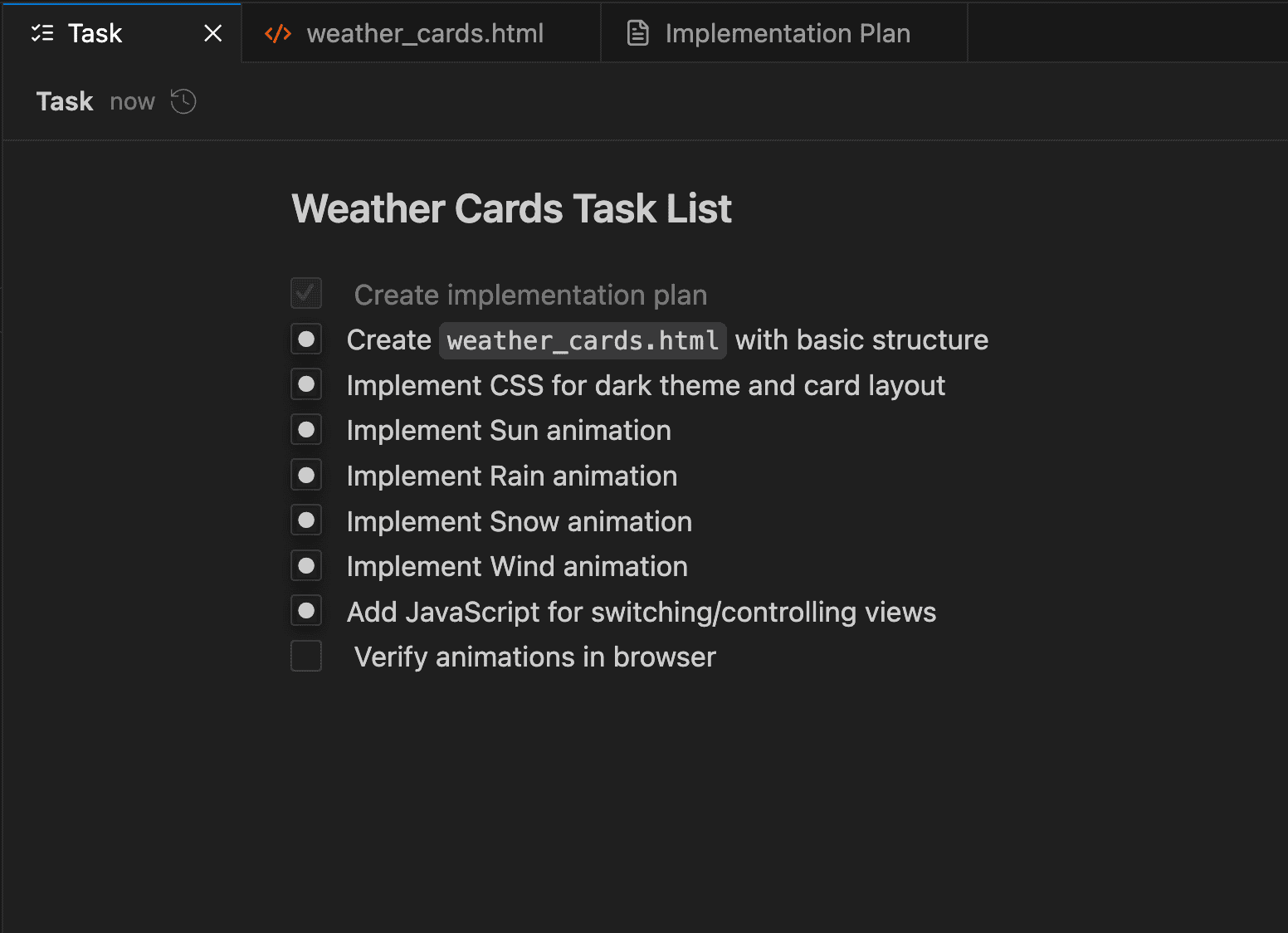 Google Antigravity 任務清單面板，顯示 Weather Cards 專案的任務進度追蹤，部分任務已完成並標記勾選
