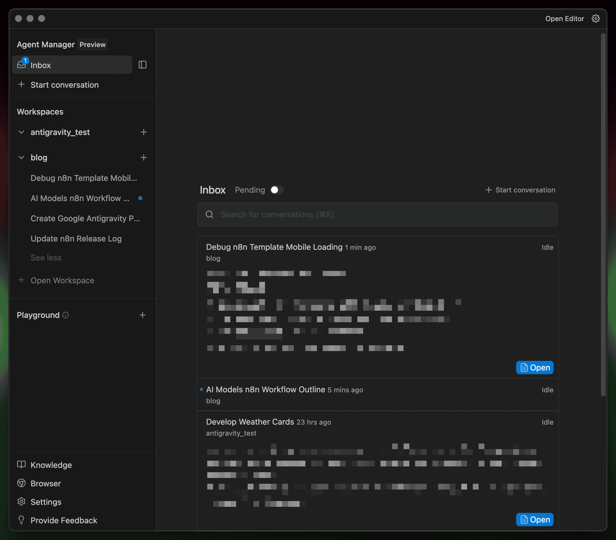 Google Antigravity Agent Manager 介面，展示左側 Workspaces 工作區列表與中間 Inbox 收件匣對話列表