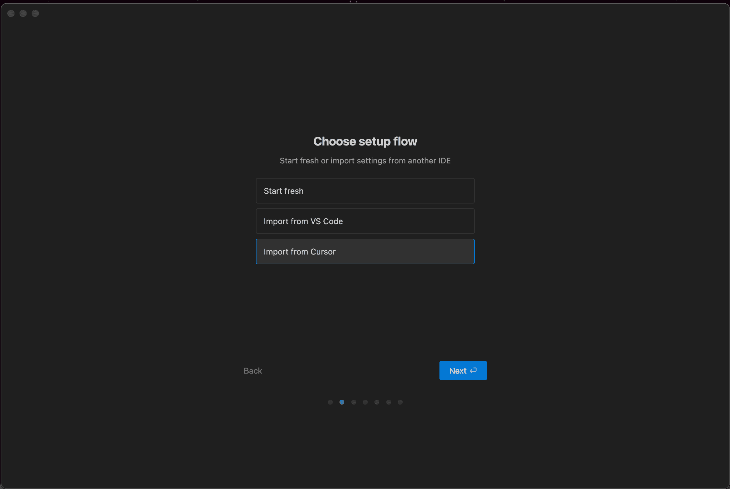 Google Antigravity 初始設定畫面，提供三種設定匯入選項：Start fresh、Import from VS Code、Import from Cursor