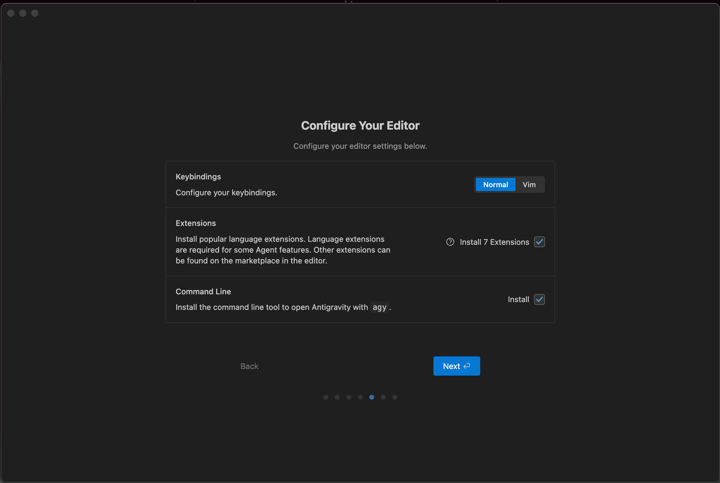 Google Antigravity 編輯器配置畫面，可設定 Keybindings（Normal/Vim）、安裝 7 個擴充功能、安裝 Command Line 工具