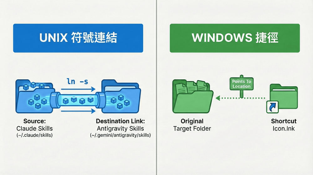 UNIX 符號連結與 Windows 捷徑的概念對照圖：左側展示 ln -s 指令如何將 Claude Skills 連結到 Antigravity Skills，右側展示 Windows 捷徑如何指向原始資料夾