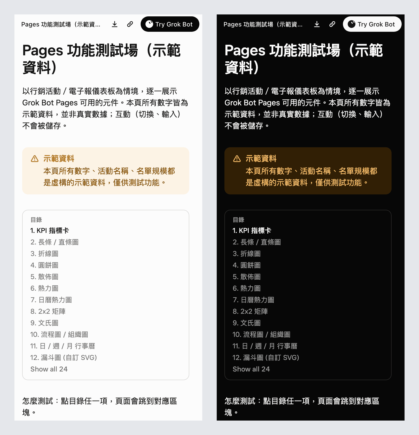 同一個示範頁在手機寬度的淺色版和深色版並排，版面變成單欄，右上角剩下載和複製連結兩個圖示，目錄收成前 12 項加 Show all 按鈕