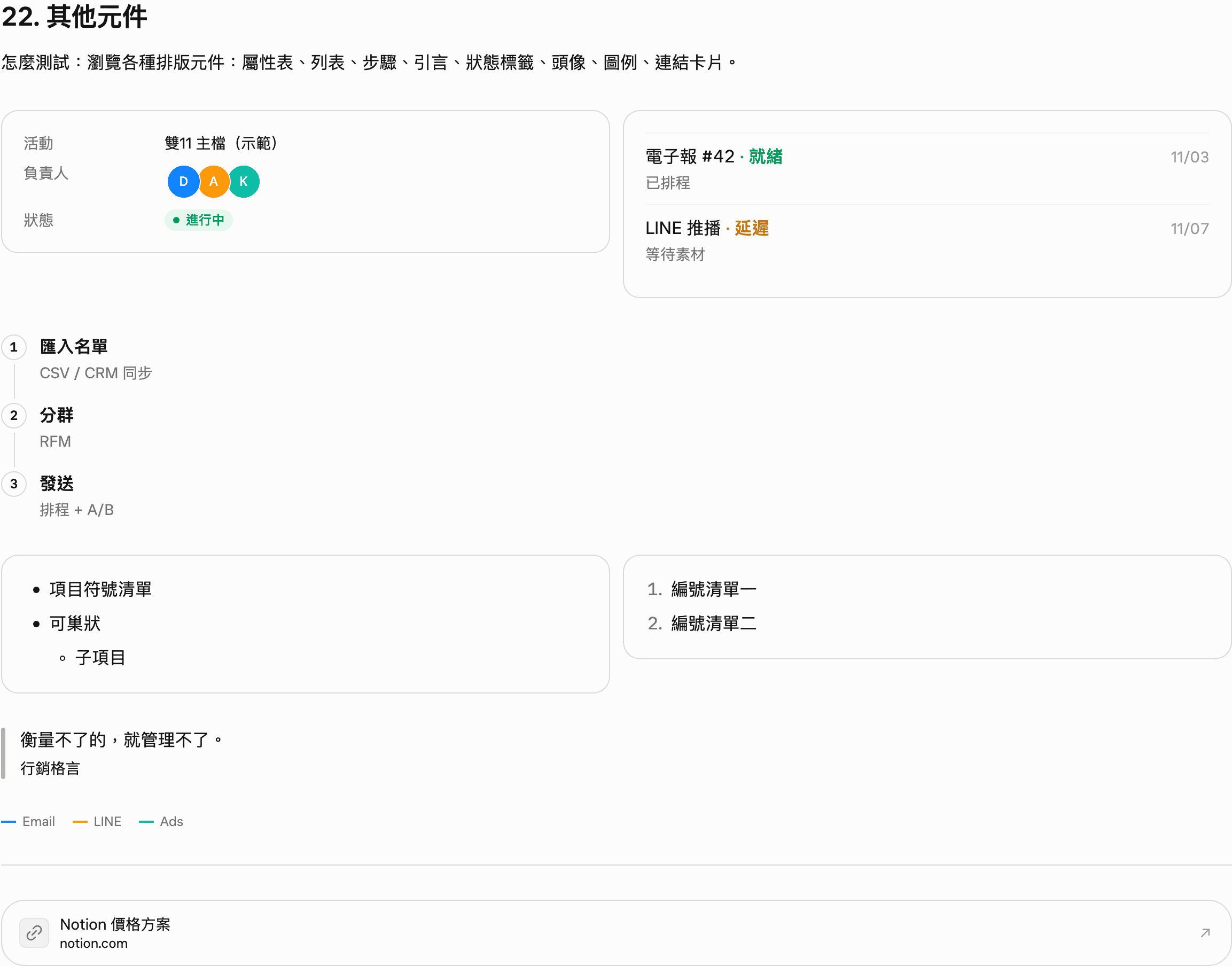 其他元件：屬性表、負責人頭像、狀態標籤、匯入名單到發送的三個步驟、項目清單、引言「衡量不了的，就管理不了」和連結卡片