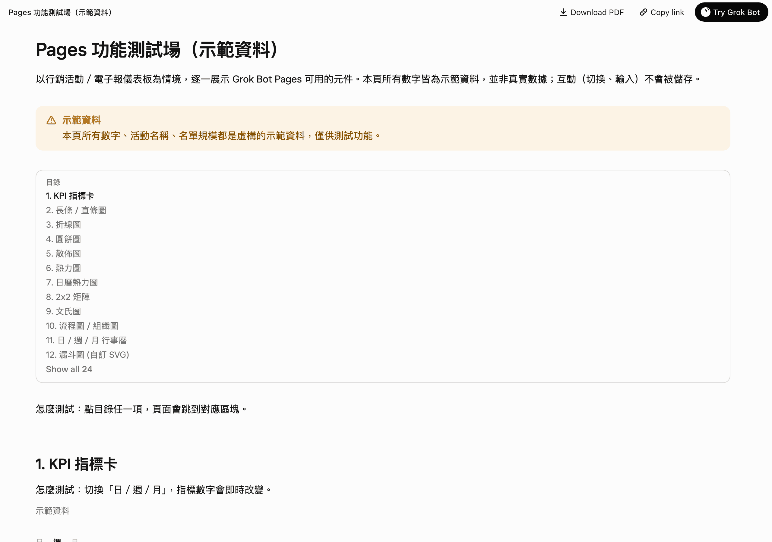 Pages 功能測試場示範頁的開頭：標題、說明本頁以行銷活動與電子報儀表板為情境、數字都是示範資料且互動不會儲存，下面是黃色的示範資料提示框，右側是元件目錄