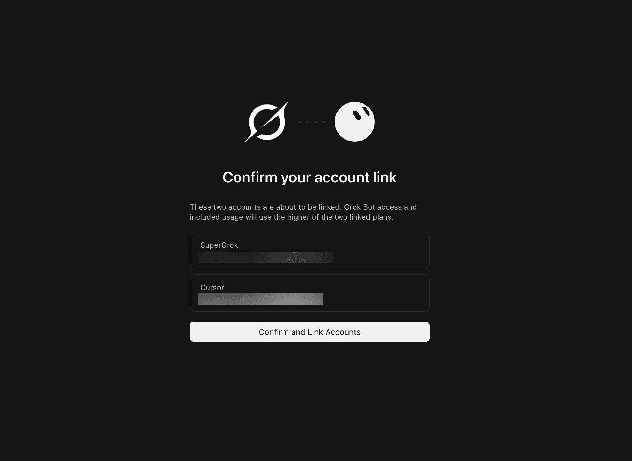 Confirm your account link 畫面，將 SuperGrok 帳號與另一個帳號連結，說明會採用兩者較高的方案