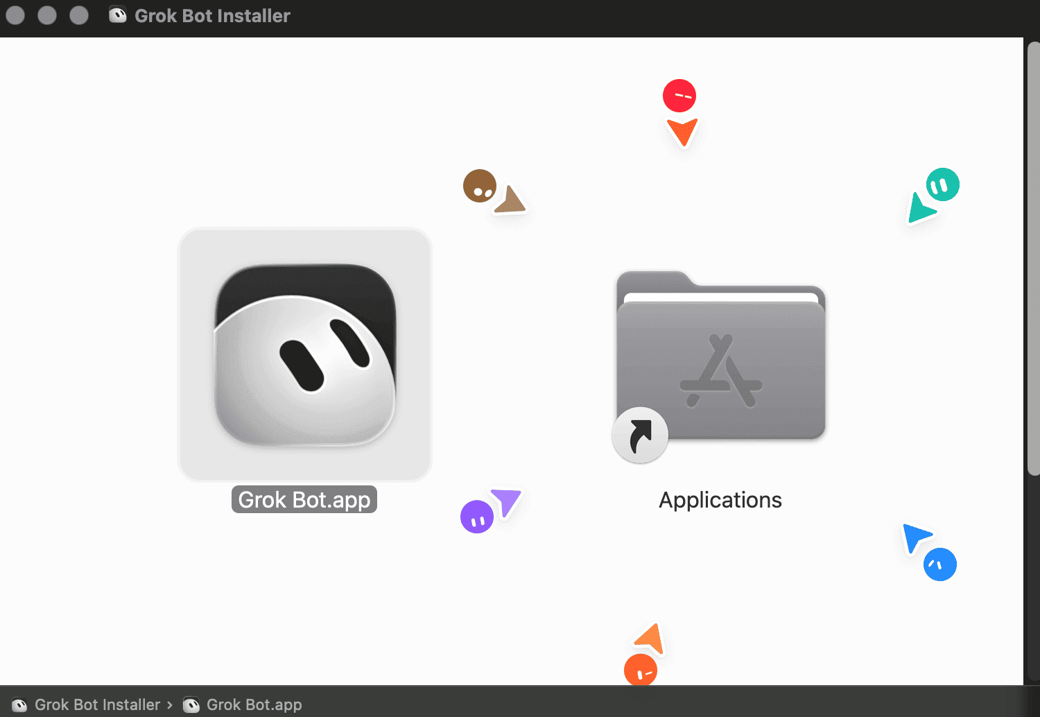 Grok Bot 安裝畫面，把 Grok Bot.app 拖進 Applications 資料夾