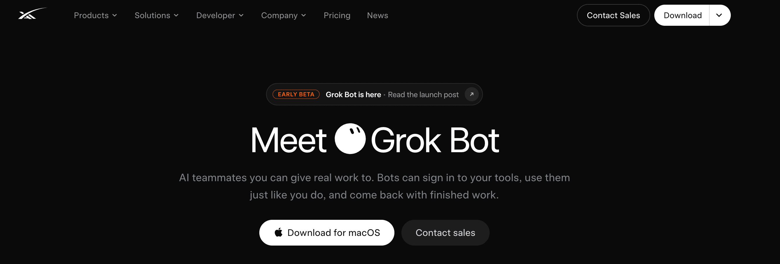 Grok Bot 官網首頁，標示 Early Beta 與 Download for macOS 按鈕