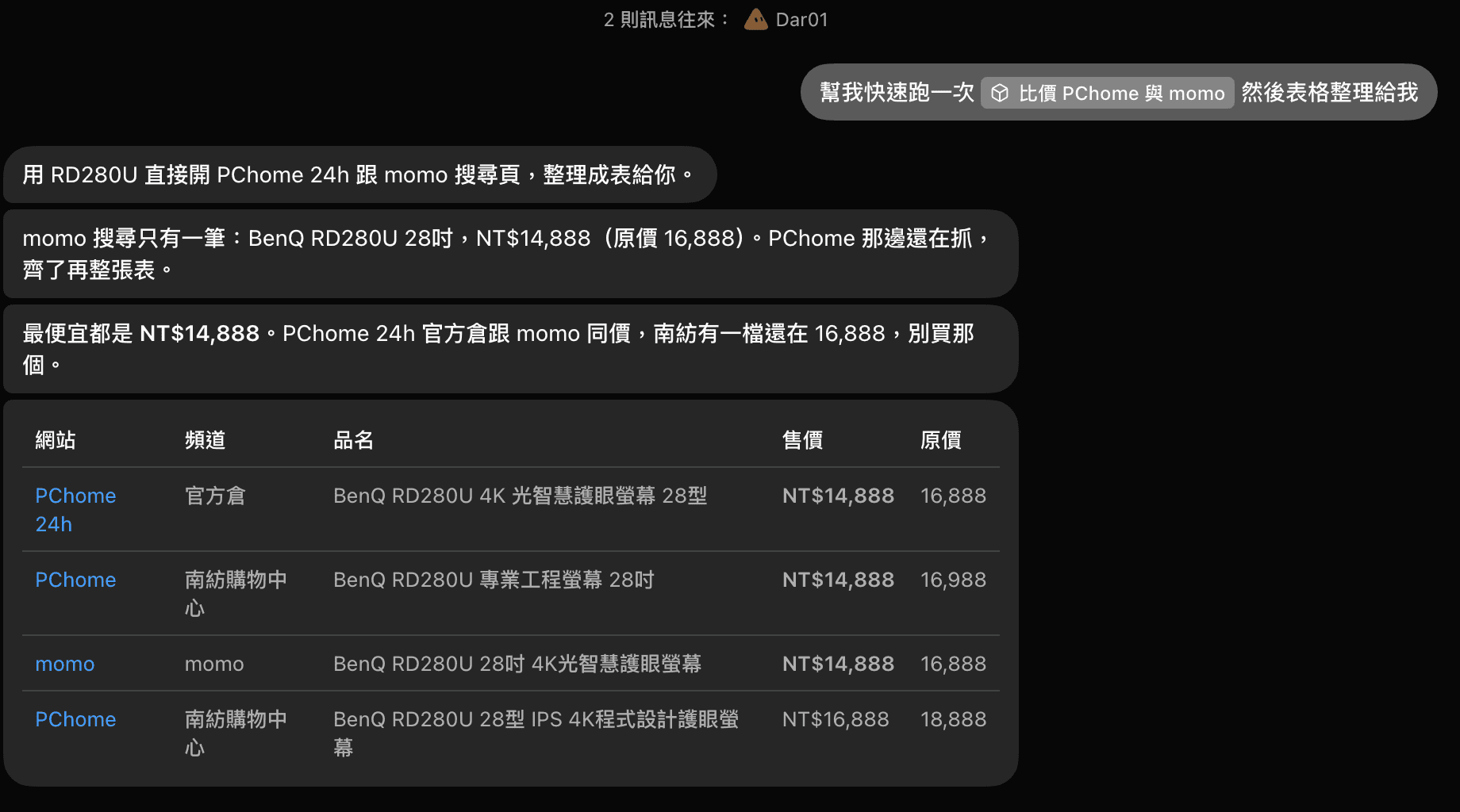 比價小幫手輸出的比價表格，欄位為網站、頻道、品名、售價、原價，列出 PChome 官方倉、PChome 南紡購物中心與 momo 的四筆商品