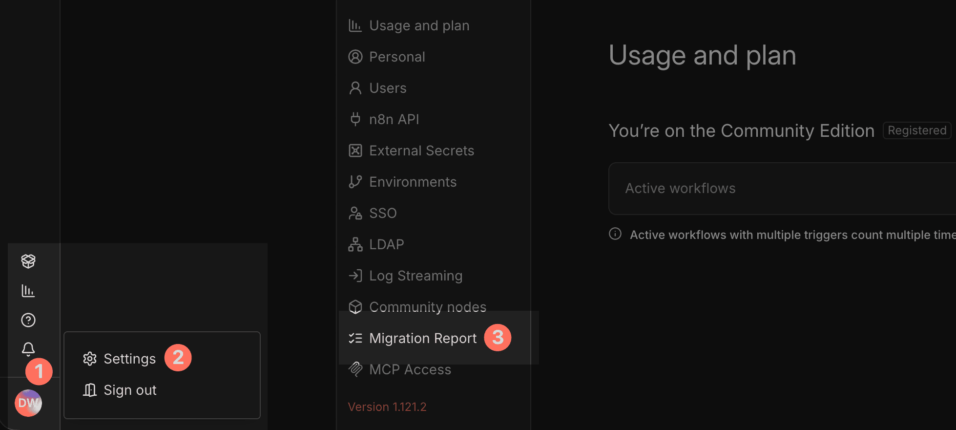 n8n Migration Report 位置，在 Settings 選單中