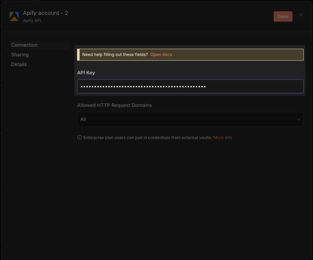 n8n 中填入 Apify API Key