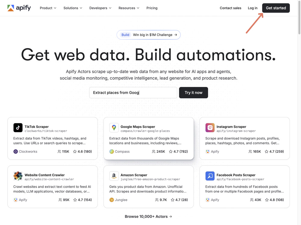 Apify 首頁 - 各種現成的爬蟲 Actor
