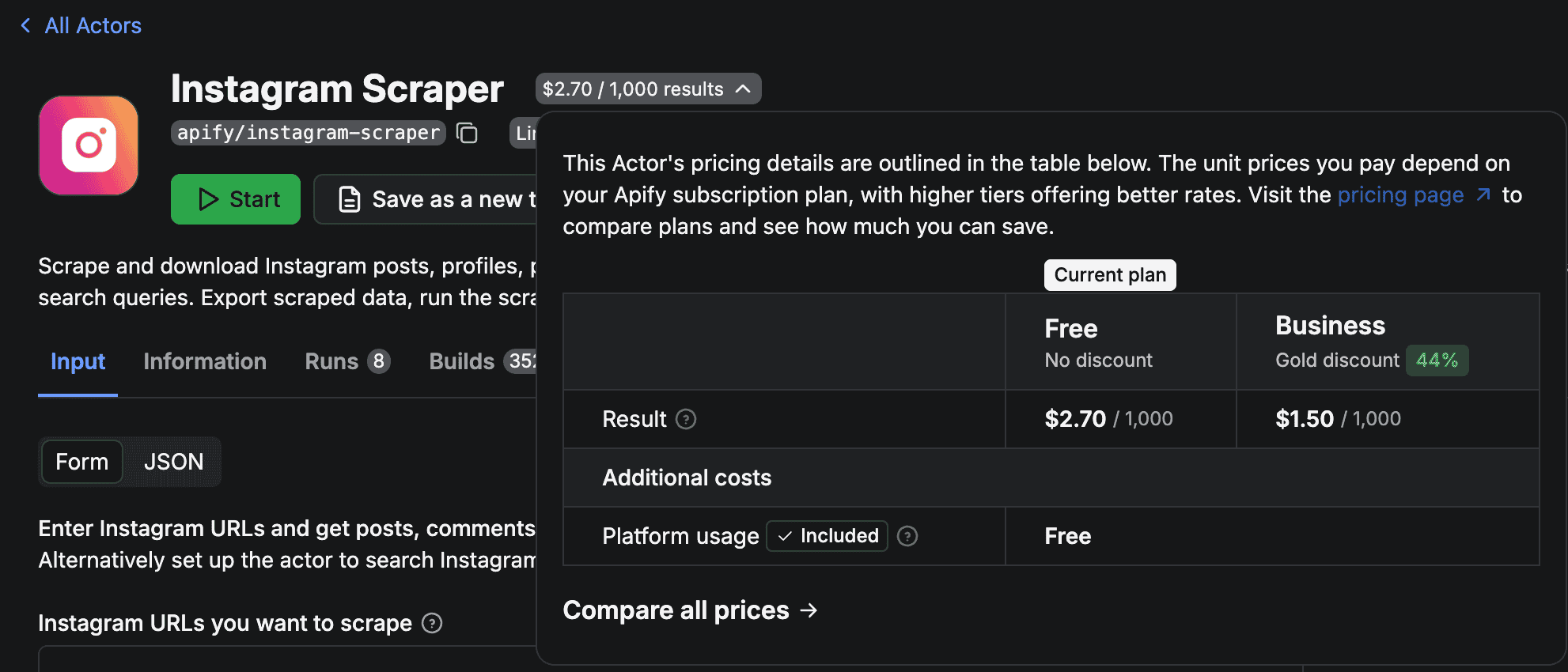 Apify Instagram Scraper 價格方案