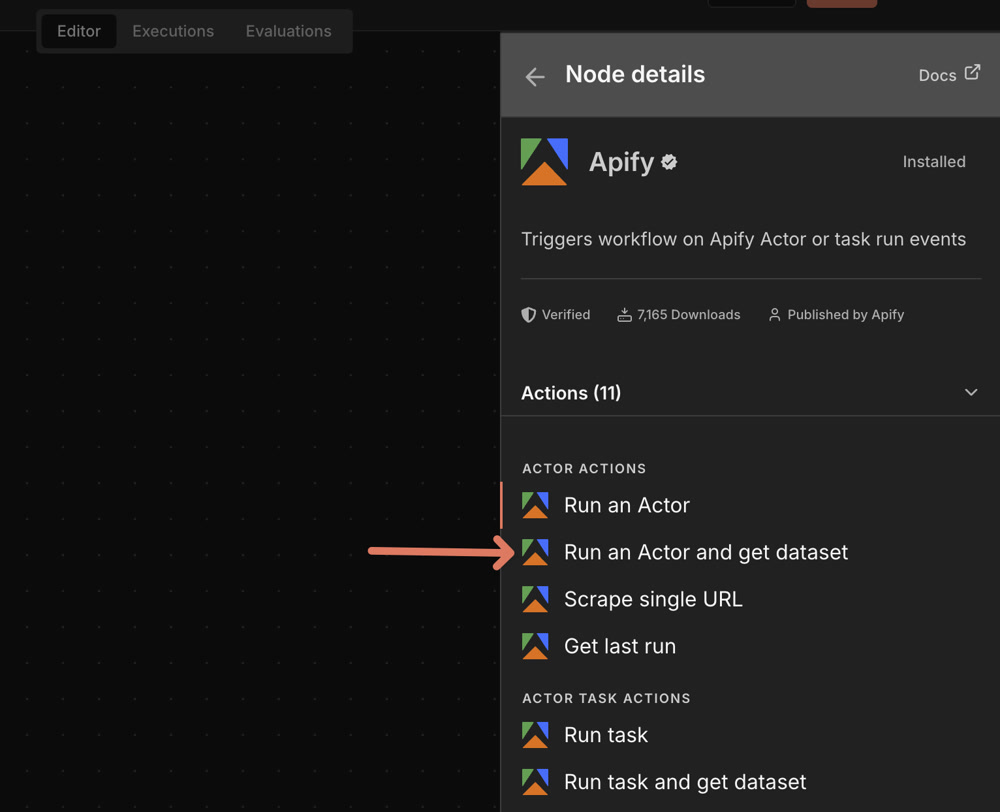 Run Actor and get dataset items 設定畫面