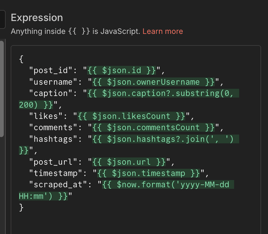 Set Node 設定畫面 - 整理 Instagram 資料