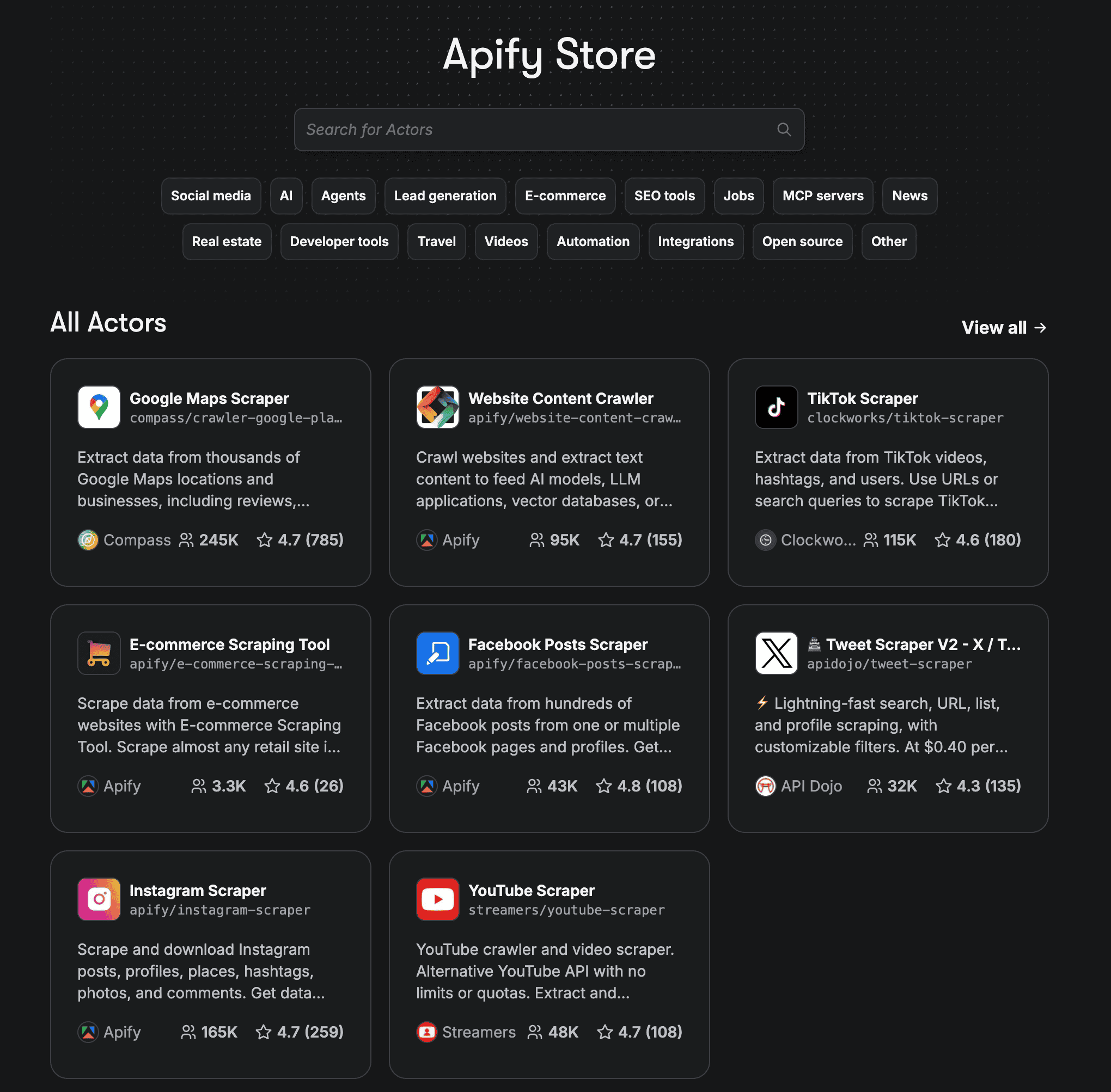 Apify Store 內有各種現成的爬蟲可以選擇