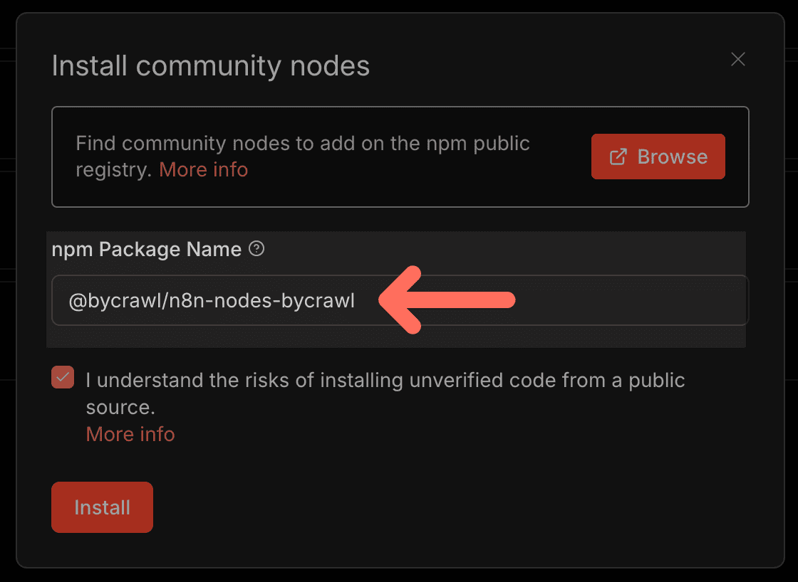 安裝 ByCrawl 社群節點 - 輸入套件名稱