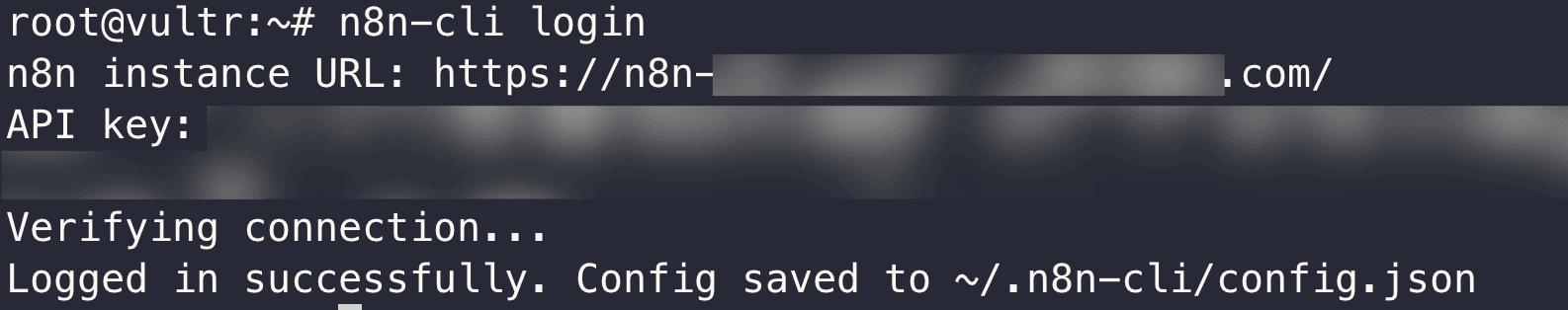n8n-cli login 互動式設定流程，輸入 URL 和 API key 後登入成功