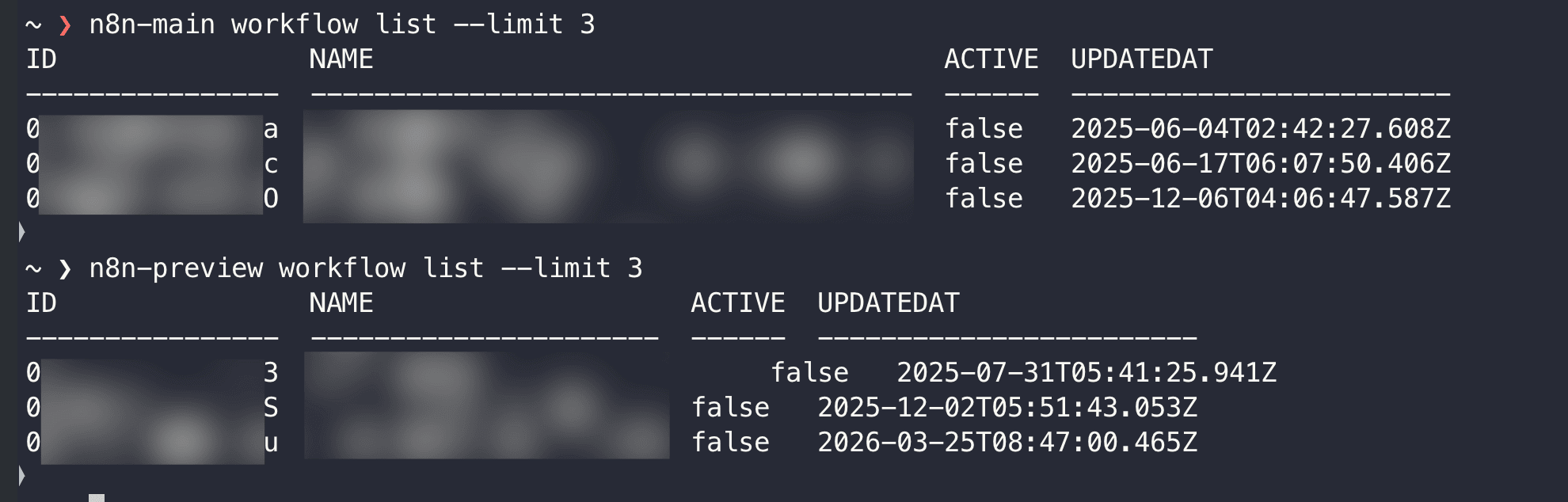 n8n-main 和 n8n-preview 兩個 alias 各自連到不同 instance，回傳不同的 workflow 列表