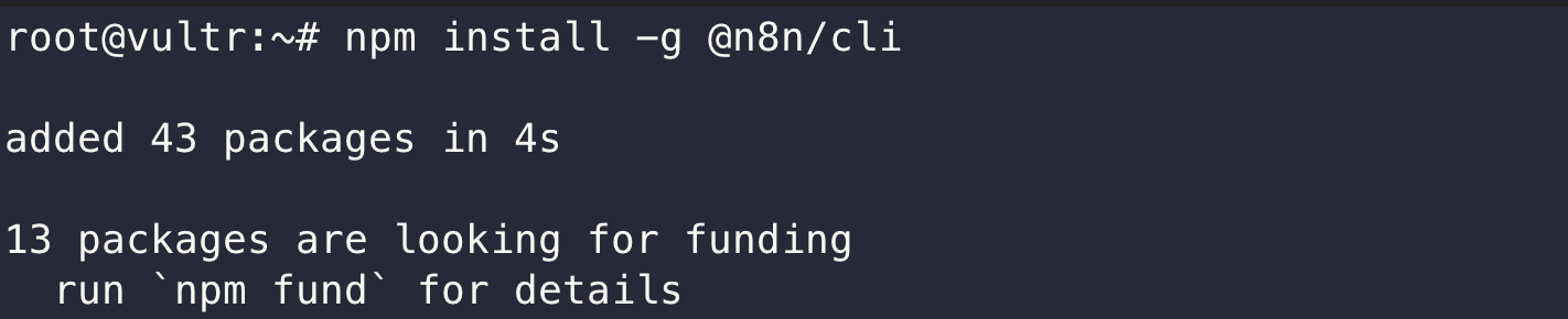 npm install -g @n8n/cli 安裝完成的終端機輸出