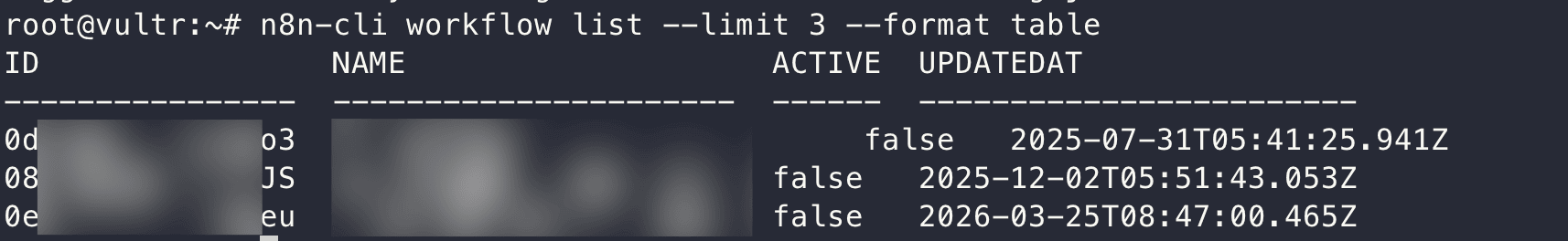 n8n-cli workflow list --format table 指令輸出結果