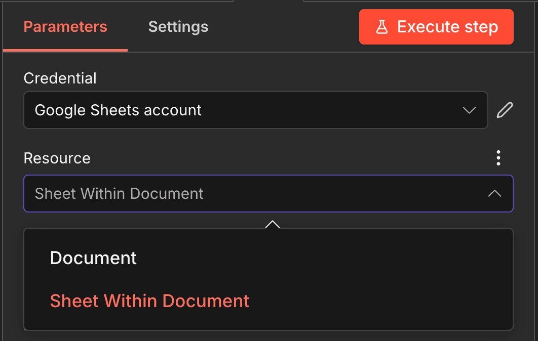 Google Sheets 節點 Resource 選單