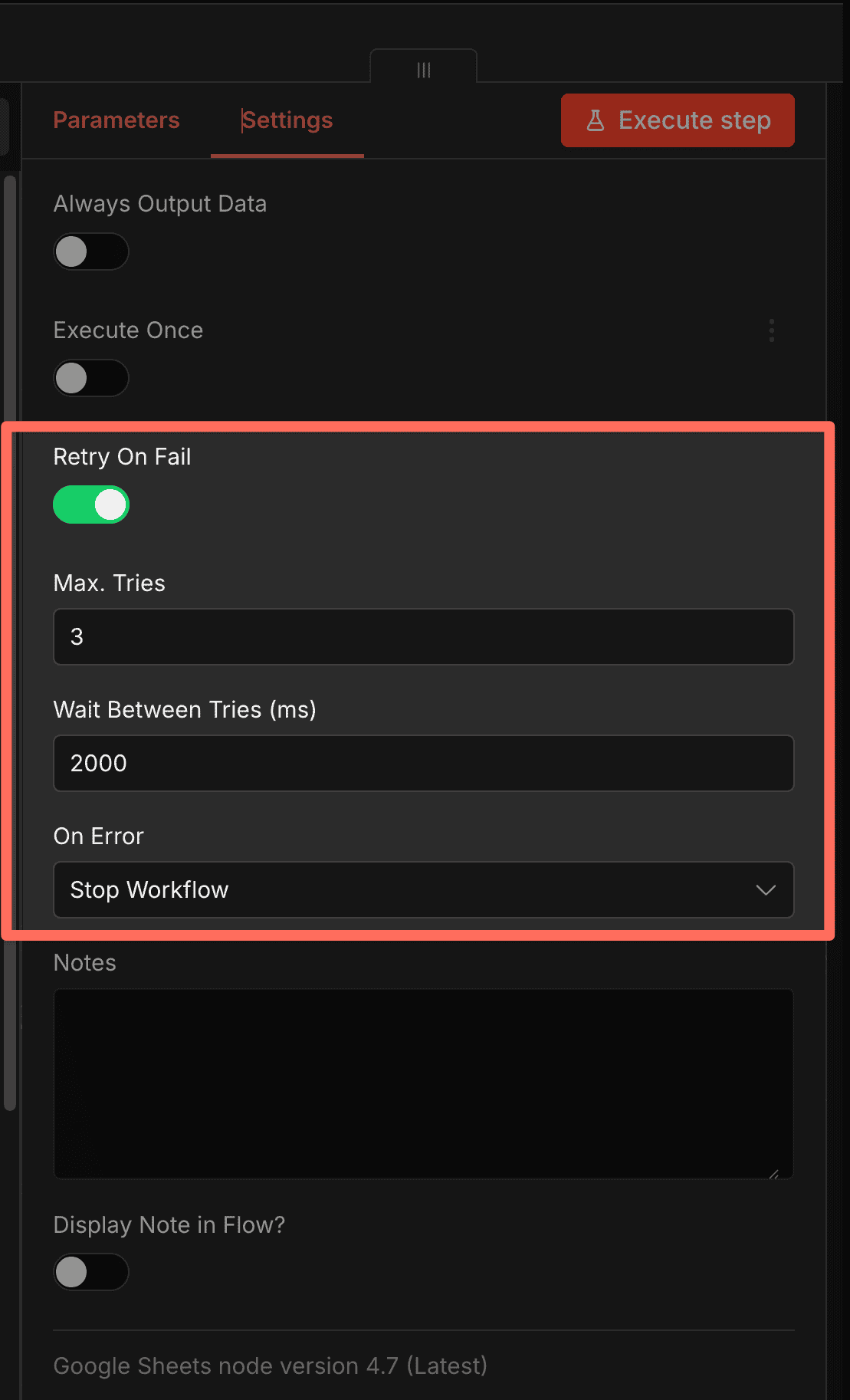 Google Sheets 節點 Settings tab：Retry On Fail 開啟、Max Tries 3、Wait 2000ms