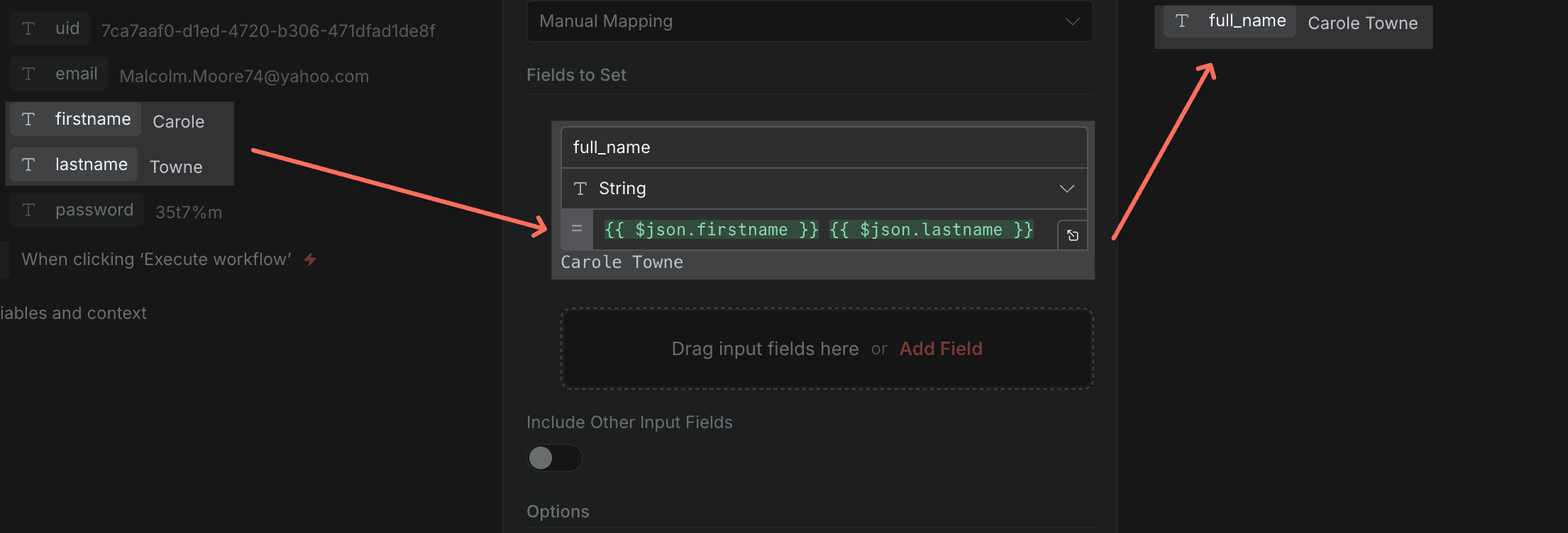n8n Set 節點組合欄位範例，將 first_name 和 last_name 合併成 full_name