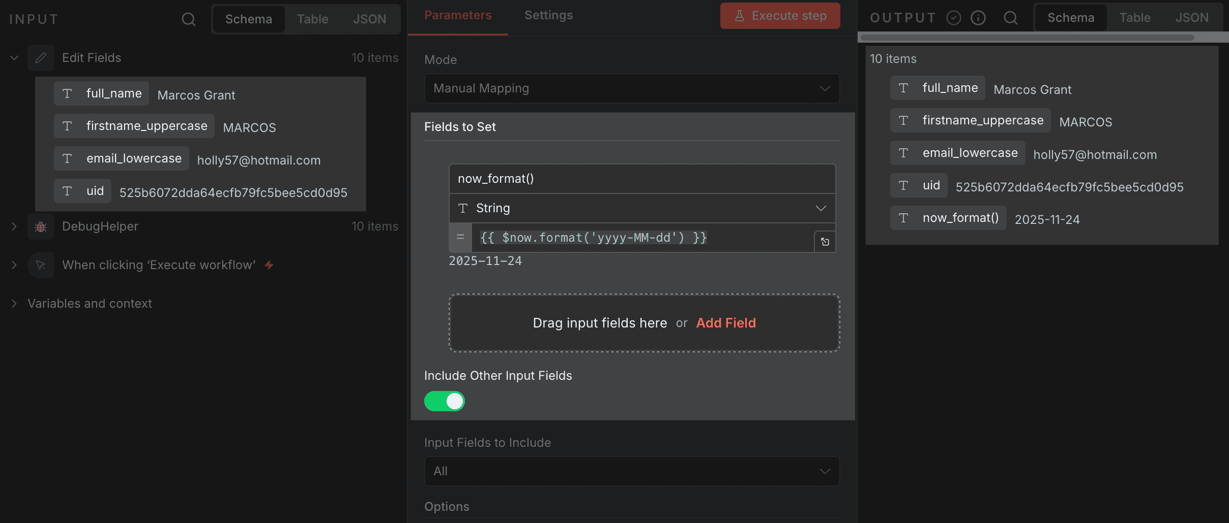 n8n Set 節點 Include Other Input Fields 選項，開啟後保留原本的所有欄位