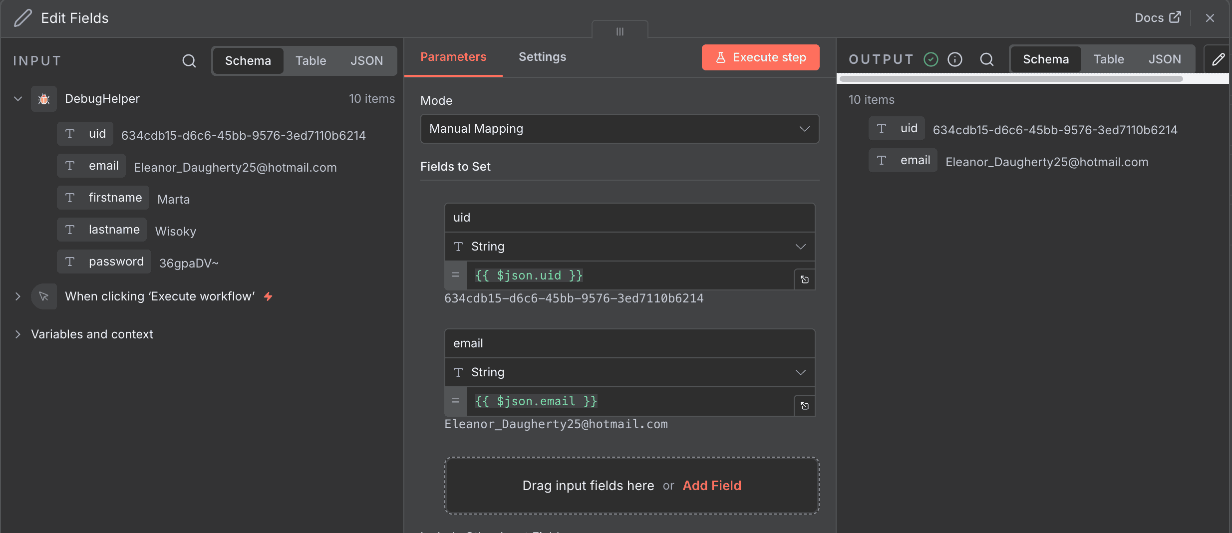 n8n Edit Fields Set 節點介面，顯示 Manual Mapping 模式的欄位設定畫面