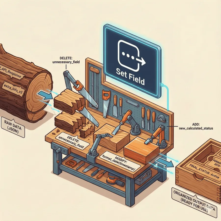 n8n Edit Fields Set 節點比喻，原木比喻 Set 節點的功能